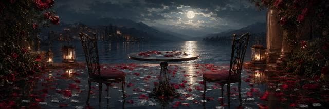 A round table with two chairs by a lake under a full moon, rose petals scattered on the ground.