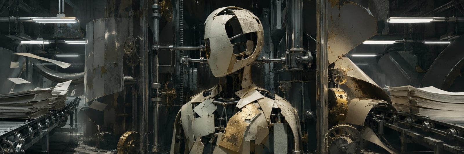 A metal and worn paper humanoid robot stands among conveyor belts and stacks of paper, evoking satire and subversion.