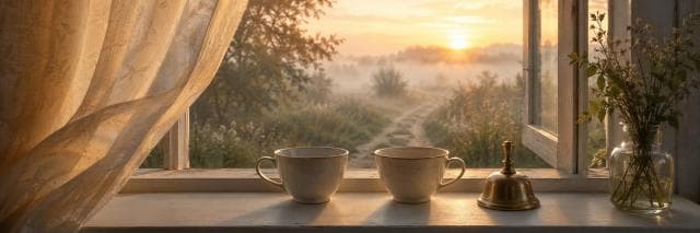 Two teacups and a brass bell on a windowsill with sunrise and nature reflected through the open window.
