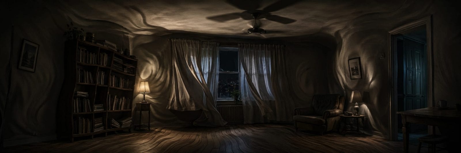 A living room with wavy walls and surreal details; curtains blow as chaos unfolds outside the window.