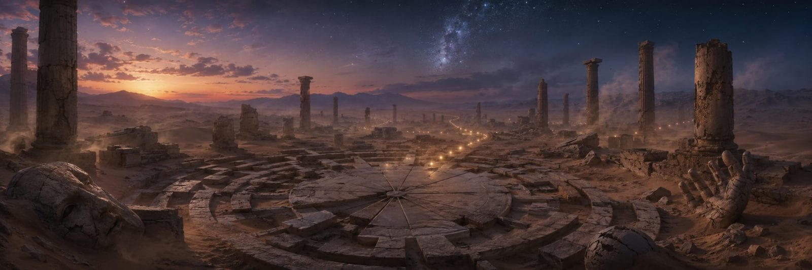 Ruins of ancient stone columns in a desert at sunset, with mountains and a starry sky in the background.