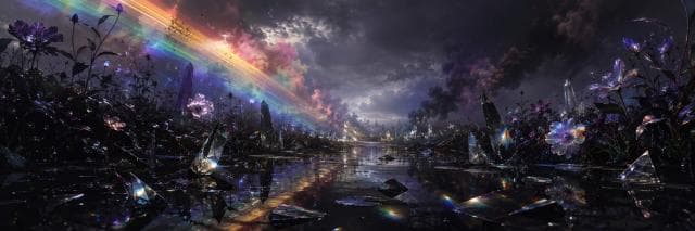 Flowers and crystals scattered in a chaotic landscape with a rainbow reflected in water and broken glass.