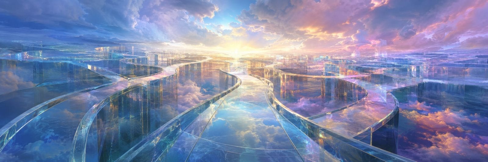 A maze of glass pathways reflects clouds and sunrise, blending nature with vibrant blue, pink, and orange hues.
