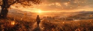 A person walks on a sunset path with glowing lanterns and falling autumn leaves, guided by strength and spirit.