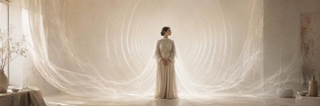 A woman in a white dress stands in a room, with surreal waves radiating behind her through sheer fabric.