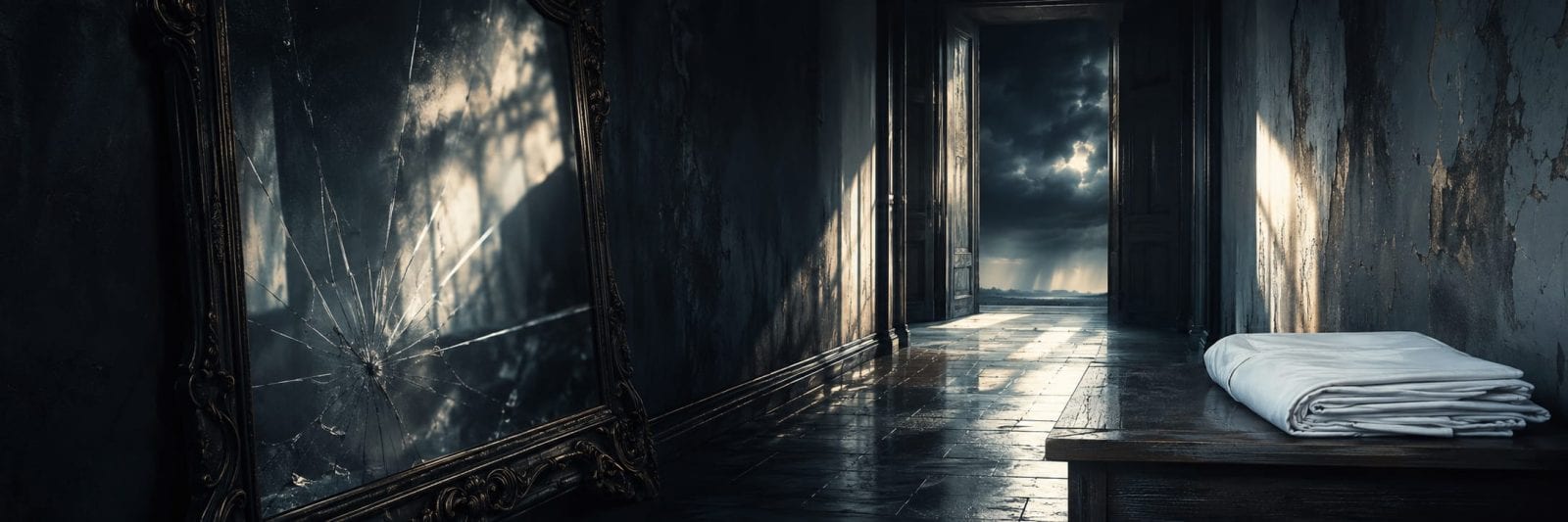 A cracked mirror with folded sheets and an open door revealing nature and reflections under a cloudy sky.