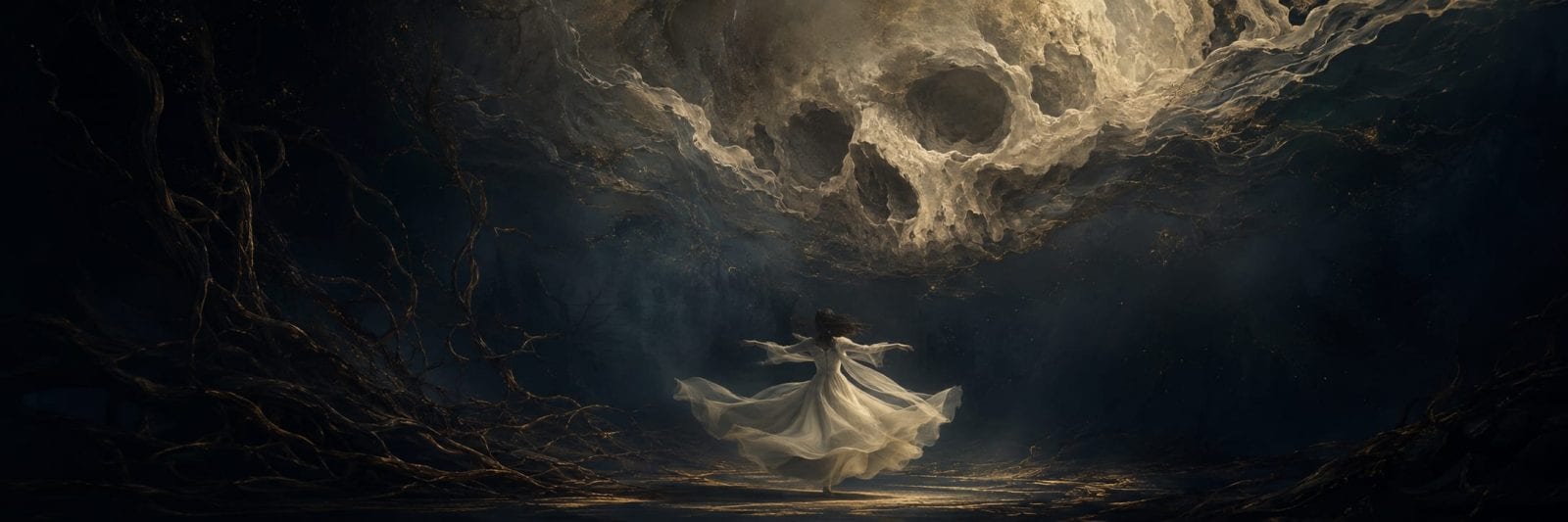 A woman in a white dress stands beneath a glowing skull-shaped cloud in a surreal, twisted forest.