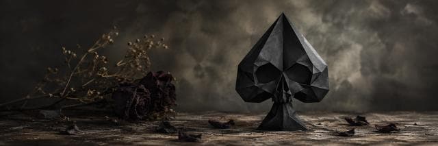 Black spade-shaped skull sculpture on textured ground with scattered dried flowers and petals.
