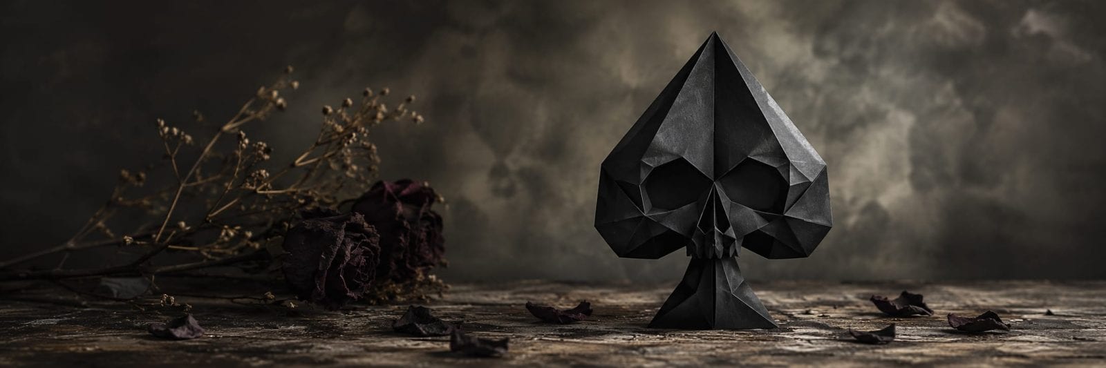 Black spade-shaped skull sculpture on textured ground with scattered dried flowers and petals.