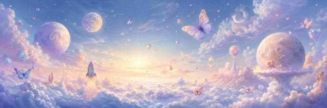 Pastel sky with clouds, moons, butterflies, and a rocket ship in a surreal and dreamy fantasy landscape.