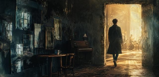 A person walks from a worn room toward a sunlit space, with nature visible outside beyond a piano and table.