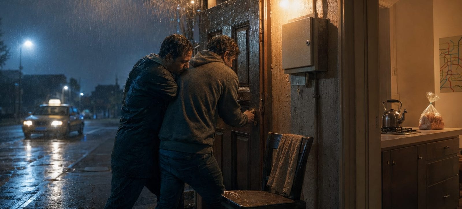 Two people try to unlock a door in the rain at night while a taxi waits on the wet street nearby.