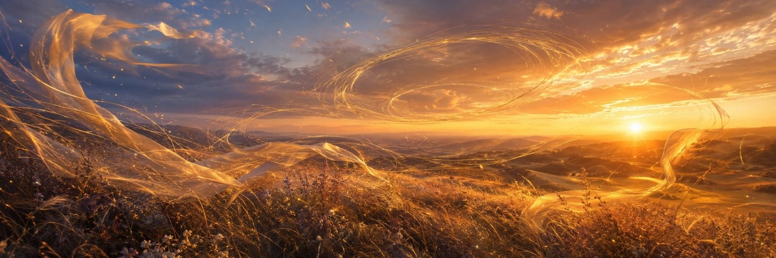 A grassy field at sunset with golden sunlight and swirling ribbons, creating a dreamlike, tranquil atmosphere.