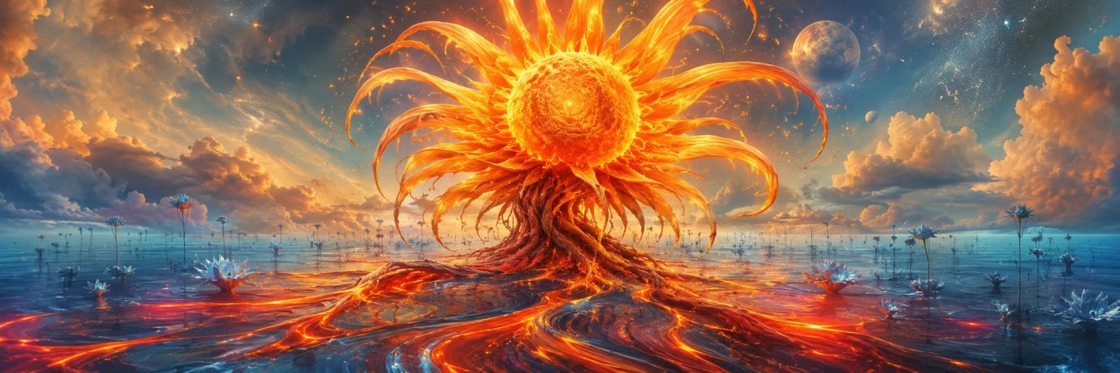 A sun-shaped tree rises from a lava landscape beneath starry skies and distant planets.