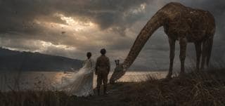 A woman in a white dress and a man reflect by a lake at dusk, with a giraffe grazing nearby under cloudy skies.