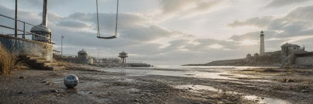 An empty swing and a shiny ball sit on a muddy shore under a surreal sky, with distant buildings fading into haze.