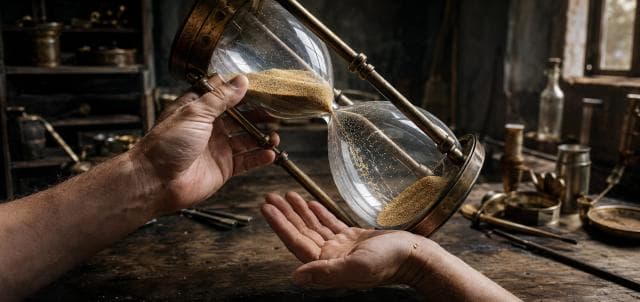 A person tips a large hourglass, letting sand fall onto another's hand among antique objects on a wooden table.