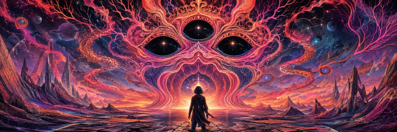 A person stands before a surreal landscape as three large eyes watch from swirling cosmic patterns.