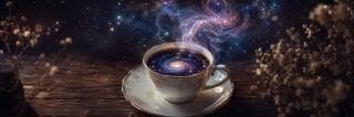 A teacup with a swirling galaxy inside, cosmic mist rising, surrounded by dried flowers on a wooden surface.