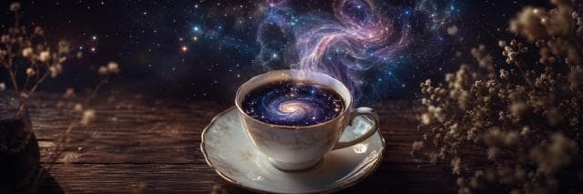A teacup with a swirling galaxy inside, cosmic mist rising, surrounded by dried flowers on a wooden surface.