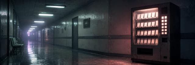 A featured vending machine glows in an empty hallway, its reflection visible on the shiny floor beside rows of shadowy chairs.