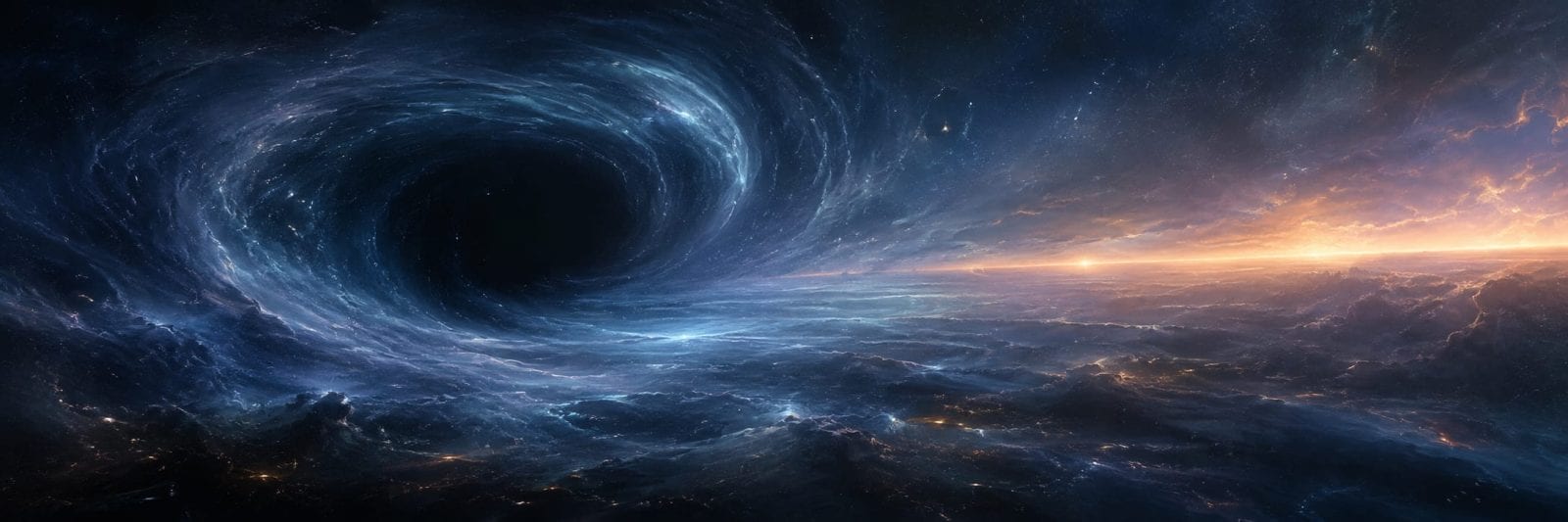 A swirling black hole in space with light streaks, an orange horizon, and distant stars.