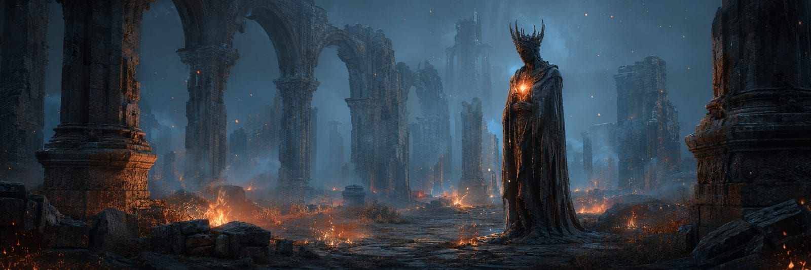 A tall, cloaked figure with a crown holds a glowing orb among ancient ruins as surreal chaos and swirling fire fill the dusk.