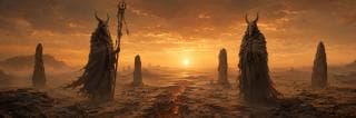 Hooded horned statues stand among barren desert pillars at sunset in a surreal, fantastical scene.