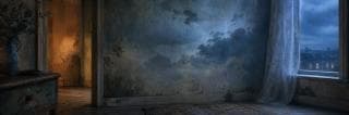 An old room at blue hour, its cracked damp wall holding a storm between a warm doorway and a rain-lit window.