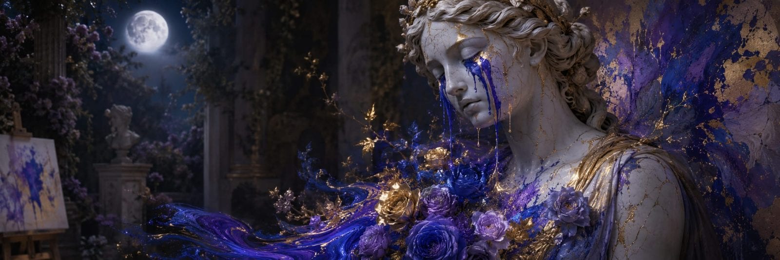 Marble statue with gold accents weeps purple paint, surrounded by flowers and glowing lights under a full moon.