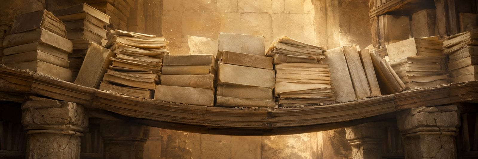 Stacks of old, yellowed books labeled Strength & Spirit rest on a curved stone shelf in an ancient library.