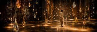 A woman in a long dress walks through a room filled with surreal glass teardrops and golden lights reflecting on the floor.