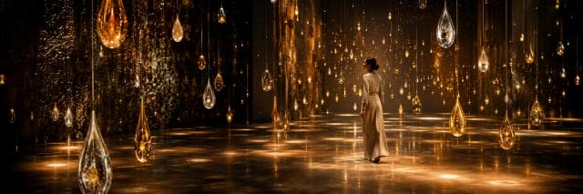 A woman in a long dress walks through a room filled with surreal glass teardrops and golden lights reflecting on the floor.