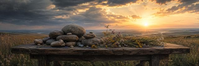 Smooth stones and wildflowers arranged on a wooden table outdoors with a sunset over distant hills in the background.
