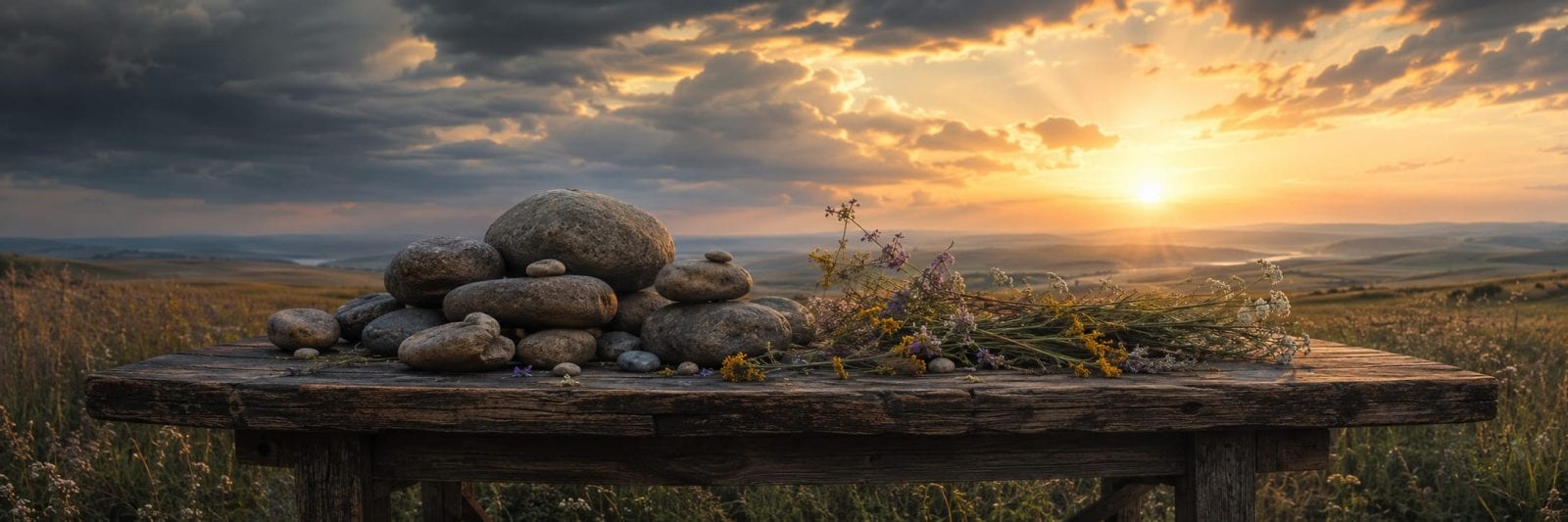 Smooth stones and wildflowers arranged on a wooden table outdoors with a sunset over distant hills in the background.