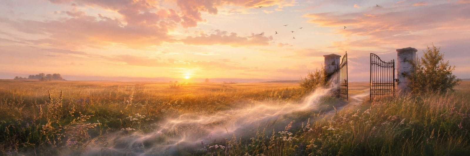 An open iron gate in a field at sunrise, mist trails cross the grass as birds fly above.