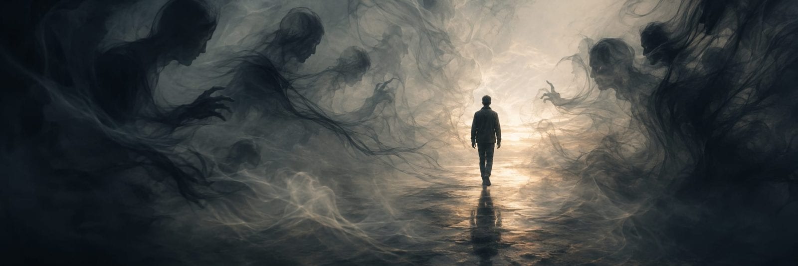 A person walks forward as shadowy figures swirl in mist on both sides, representing chaos.