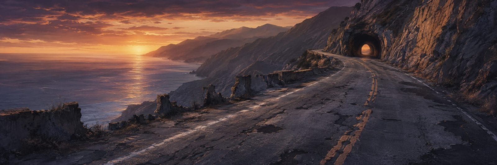 A cracked road runs along the coast toward a tunnel in the cliffs, with turbulent ocean and mountains in the background.