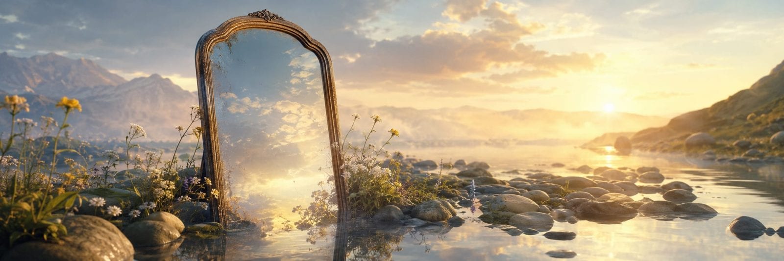 An ornate mirror sits among rocks and wildflowers by a lake, reflecting the natural scene at sunrise.