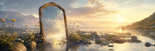 An ornate mirror sits among rocks and wildflowers by a lake, reflecting the natural scene at sunrise.