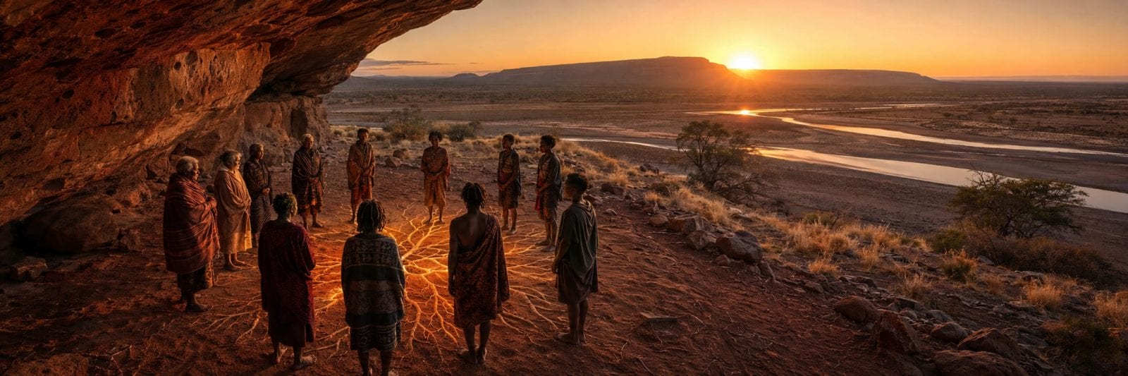 A group stands in a circle on red earth at sunset, drawing patterns beneath an overhang near the river.