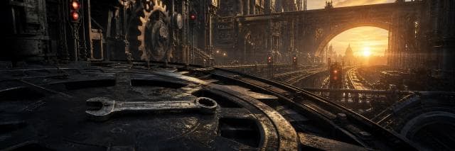 A worn metal wrench rests inside a glowing city of gears and red traffic lights at sunrise.