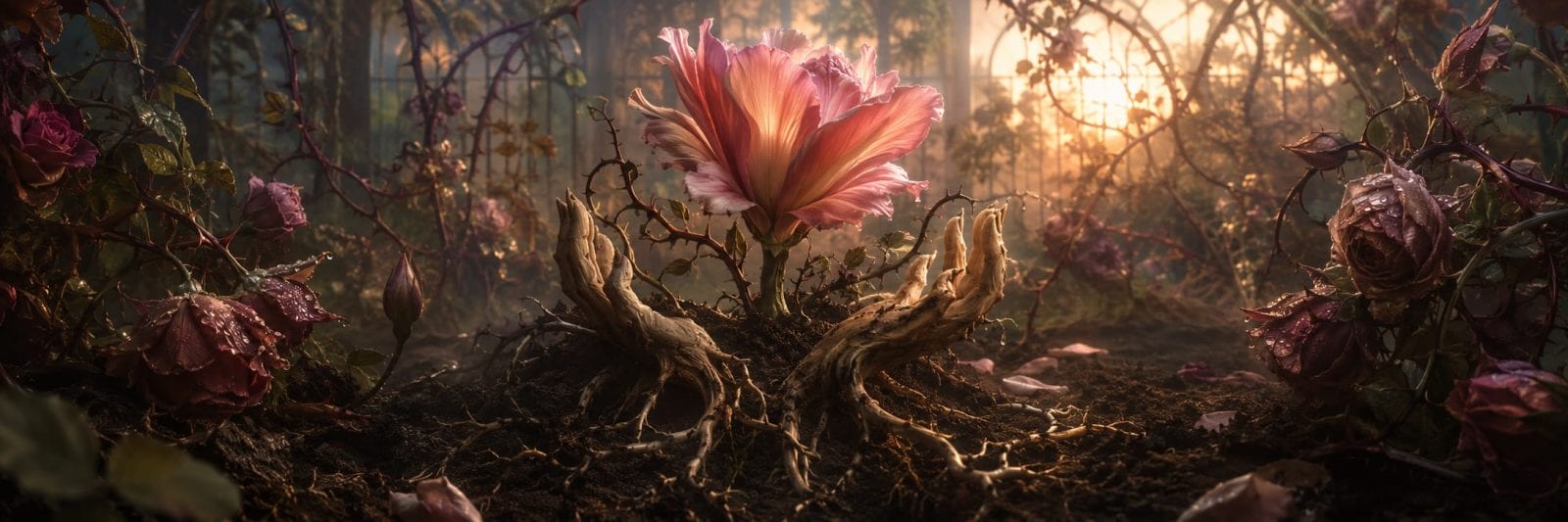 Large pink flower with exposed roots glowing in a surreal forest, surrounded by roses and sunlight filtering through trees.