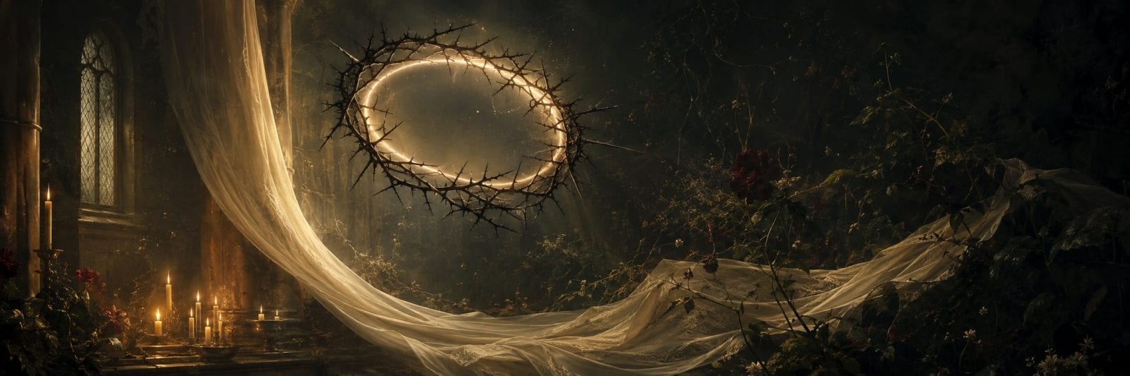 A glowing thorn ring floats among candles and sheer white fabric in an overgrown room, casting eerie shadows.