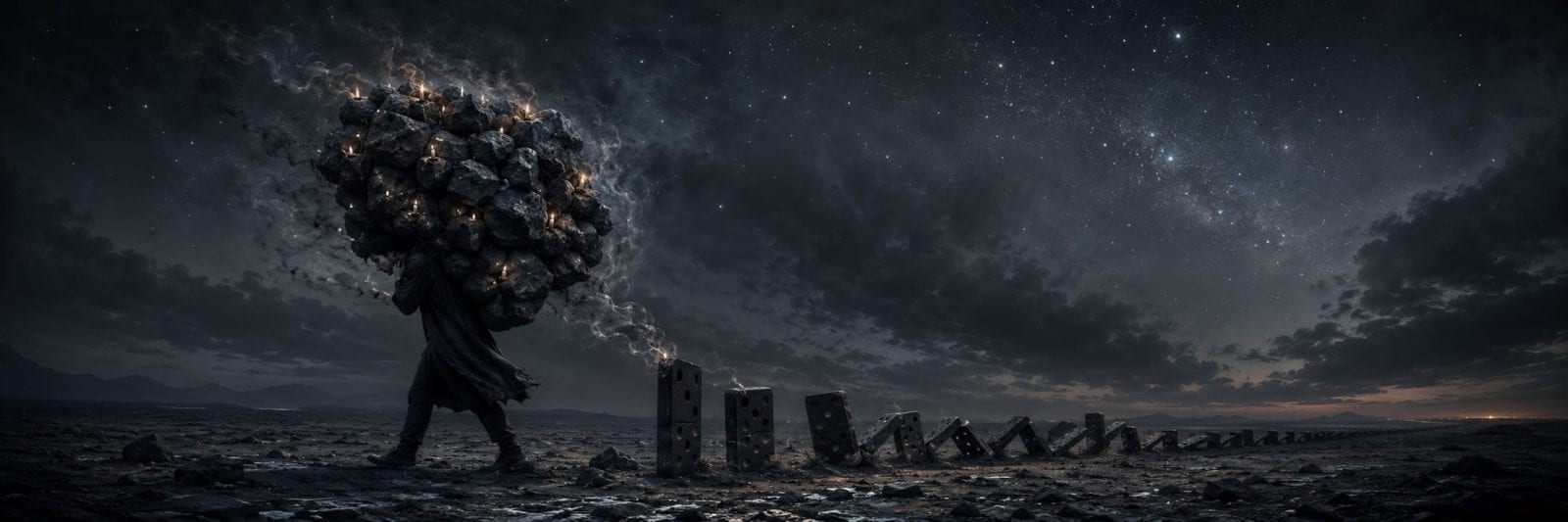 A figure of Strength & Spirit carries glowing rocks past fallen dominoes, moving forward beneath a starry sky.