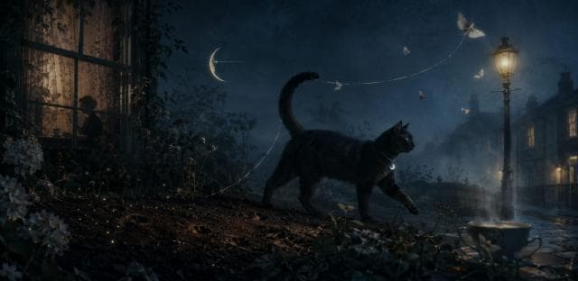 A black cat walks under a crescent moon as moths flutter outside; inside, someone sips tea by the window in quiet reflection.