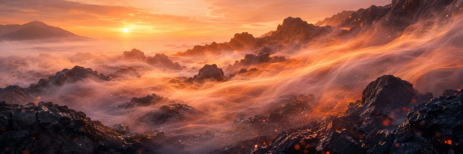 Orange glow from swirling lava and mist highlights rocky terrain and distant hills as darkness weaves through the sunset.