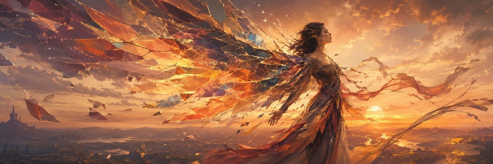 Woman with glass-like wings stands on a hill at sunset, gazing at nature and distant rivers beneath a fantastical sky.