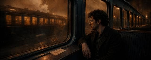 A man sits alone on a nighttime train with a letter beside him, looking out the window in quiet reflection.