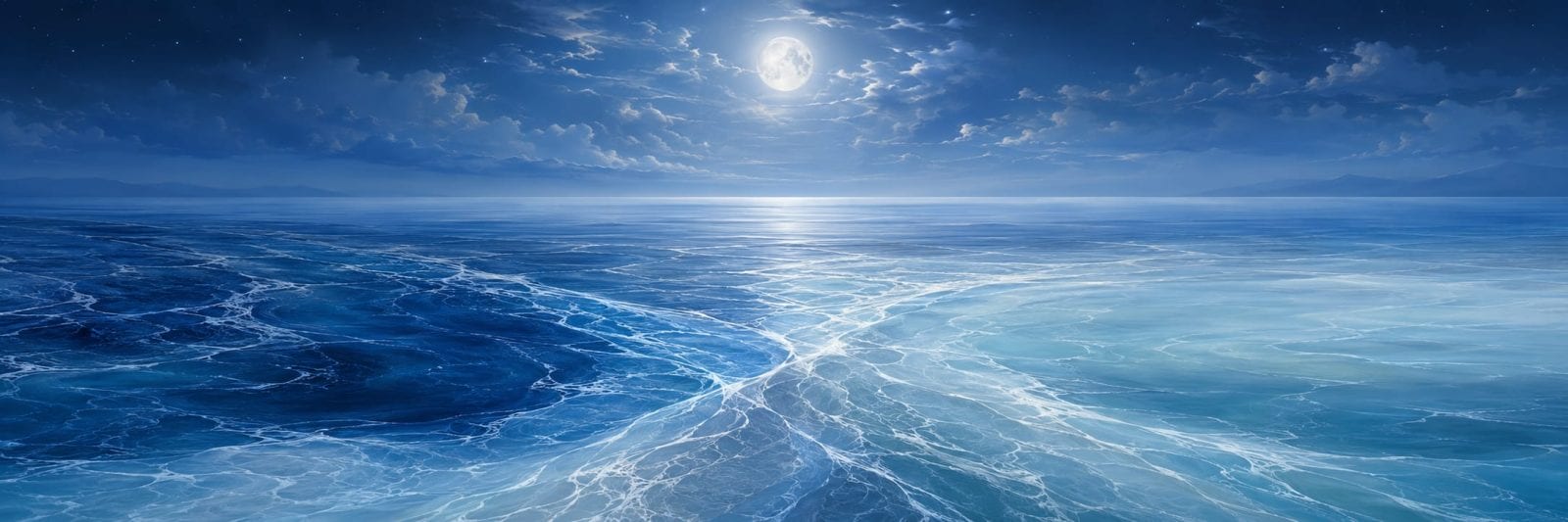 A bright full moon shines over a calm ocean with swirling blue and white patterns on the water’s surface.